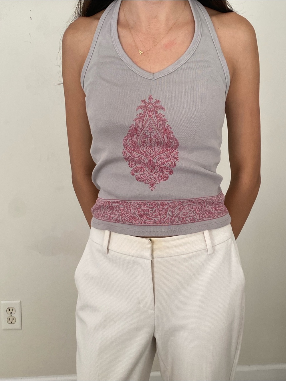 Gray Halter Tank Top with Pink Paisley Print